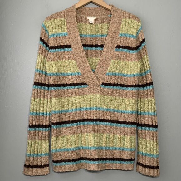 Striped Ribbed V-neck Sweater Size XL Gilmore Girls Y2K 90s Academia Preppy - Picture 1 of 6